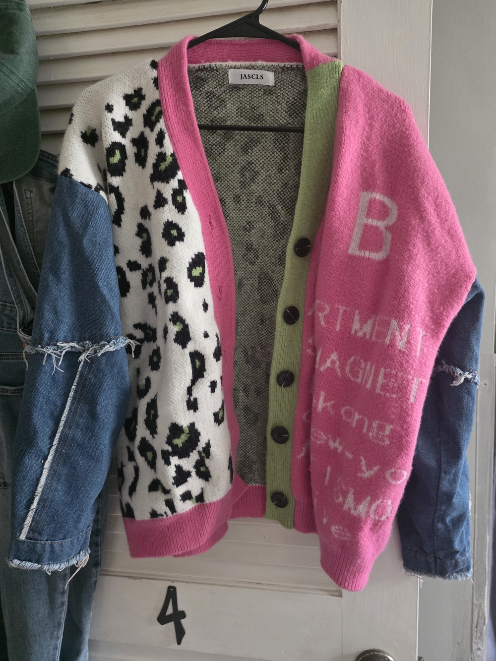 JASCIS Colorblock Leopard Patchwork Cardigan - Pink/White/Denim - Picture 2 of 16